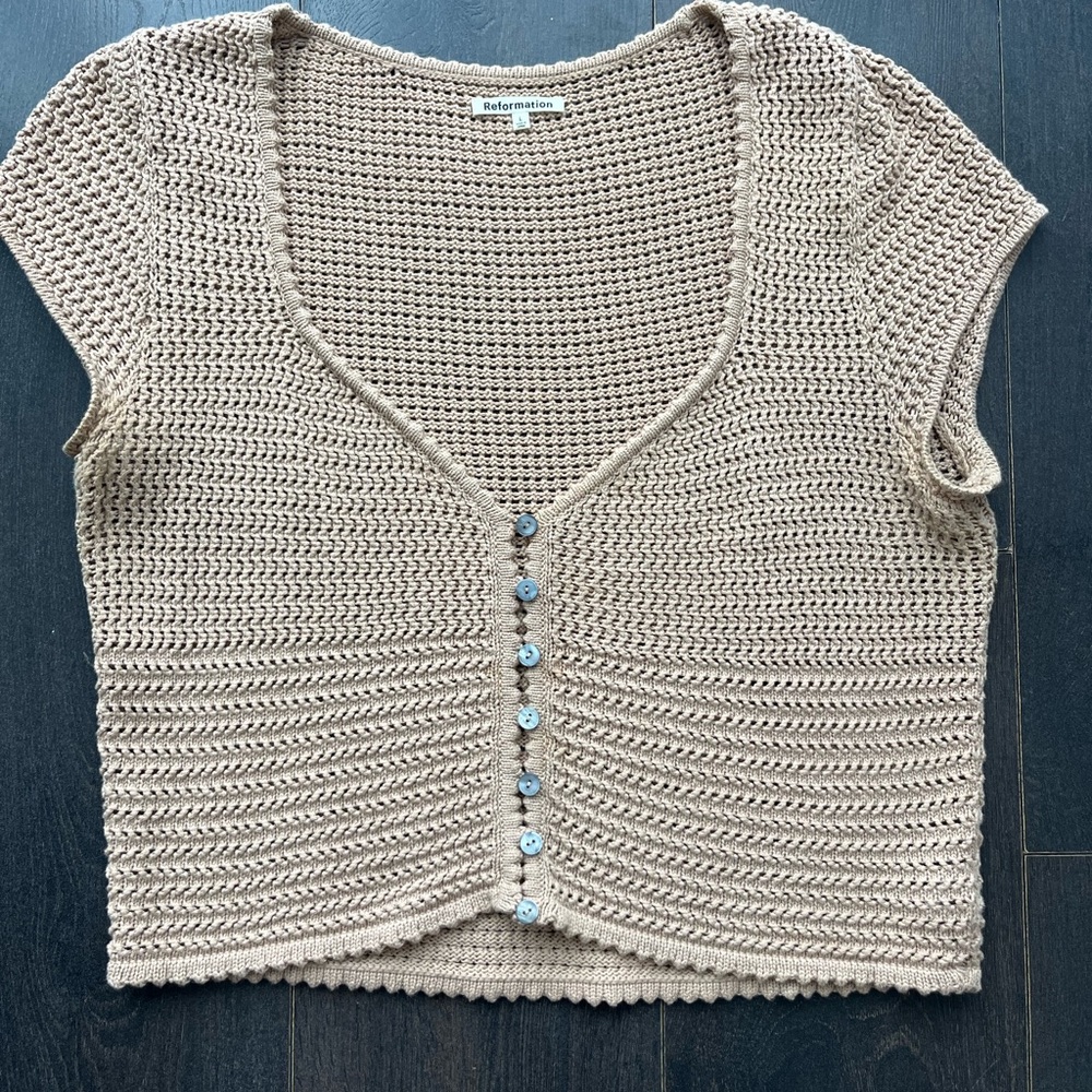 Reformation Taupe Crochet Button-Front Crop Top